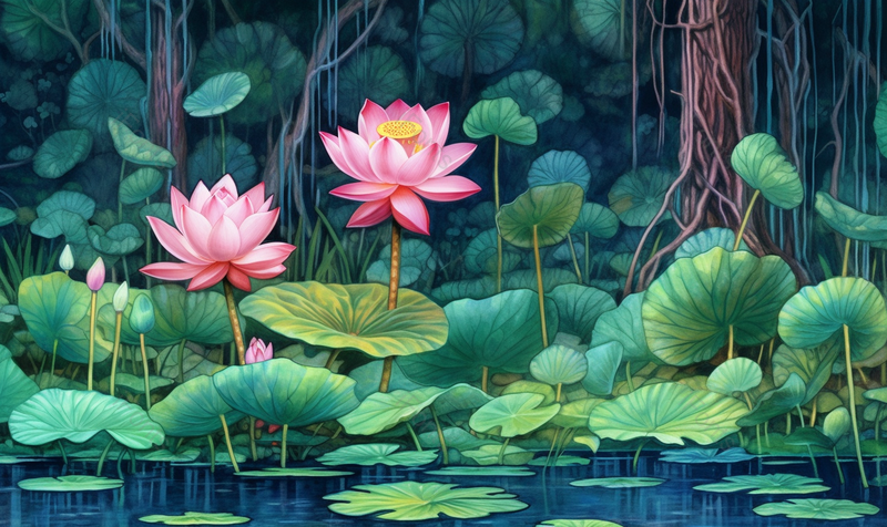 森林里绿色的盛夏池塘里的荷叶和盛开的荷花背景,插画/手绘图,插画/手绘图库,插画/手绘图下载,插画/手绘